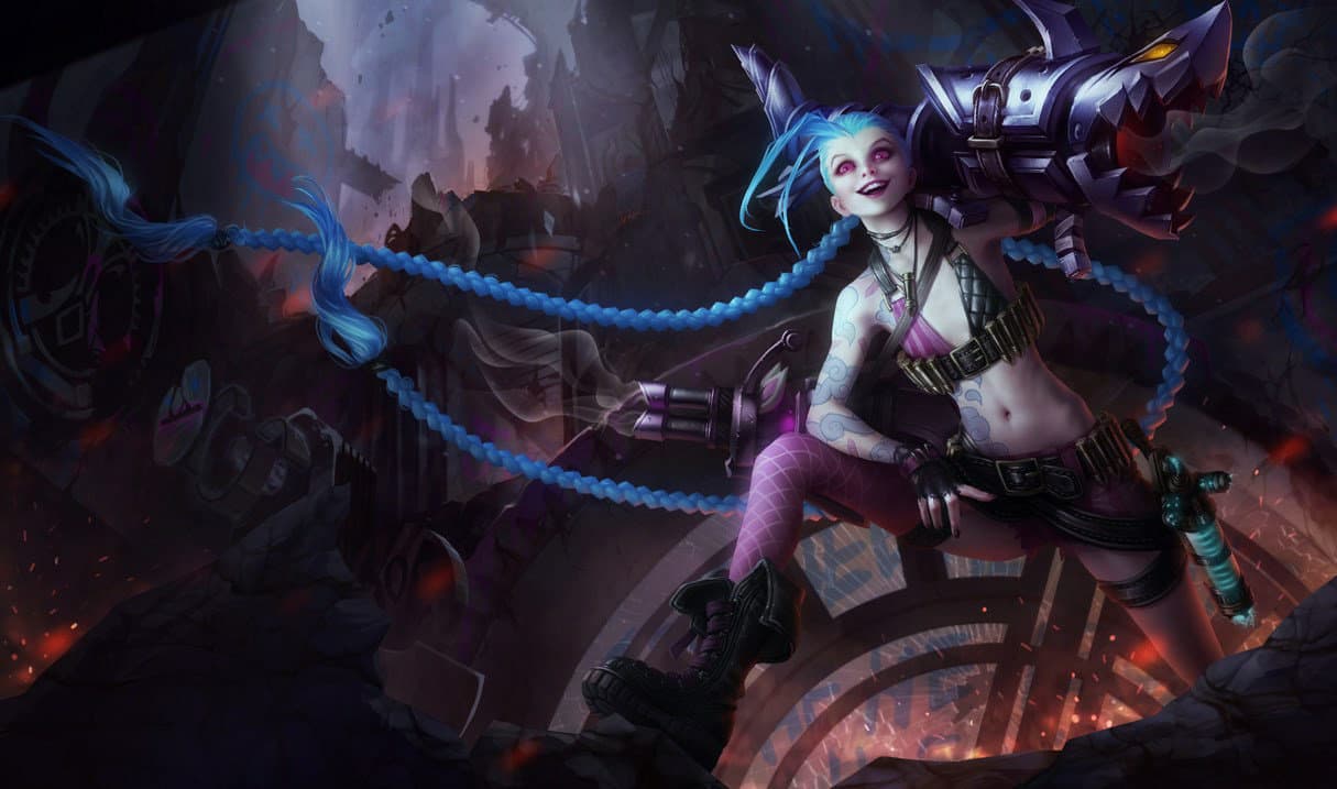 Splash art de Jinx, ícone do roster competitivo da Riot, em alusão ao Lisboa Games Week